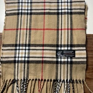 Plaid Scarf Fringe Italy Design Cashmere Blend 64" Long Preppy Classic Neutral